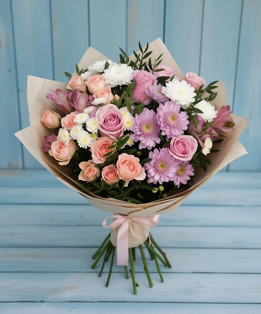 Букет цветов из: Хризантемы, Розы и Альстромерии в Губастово