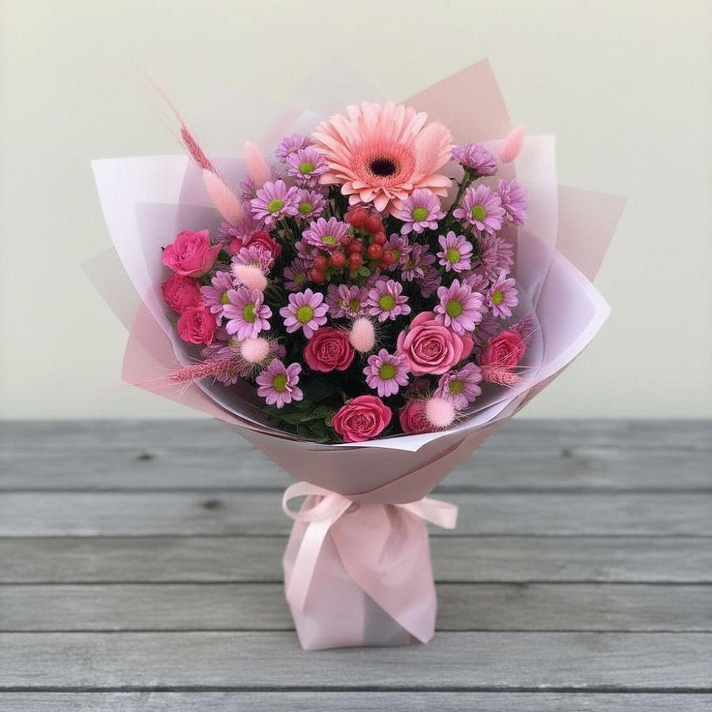 Букет цветов из: Розы, Герберы и Хризантемы в Губастово