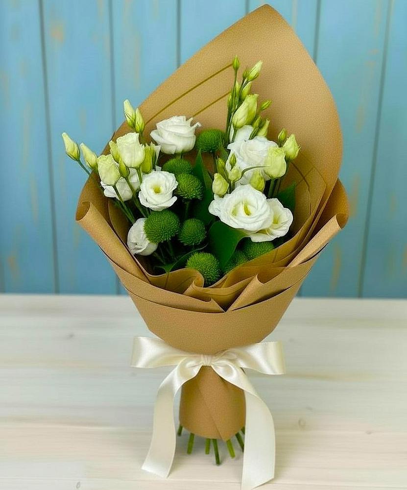 Букет цветов из: Хризантемы и Лизиантусы в Губастово