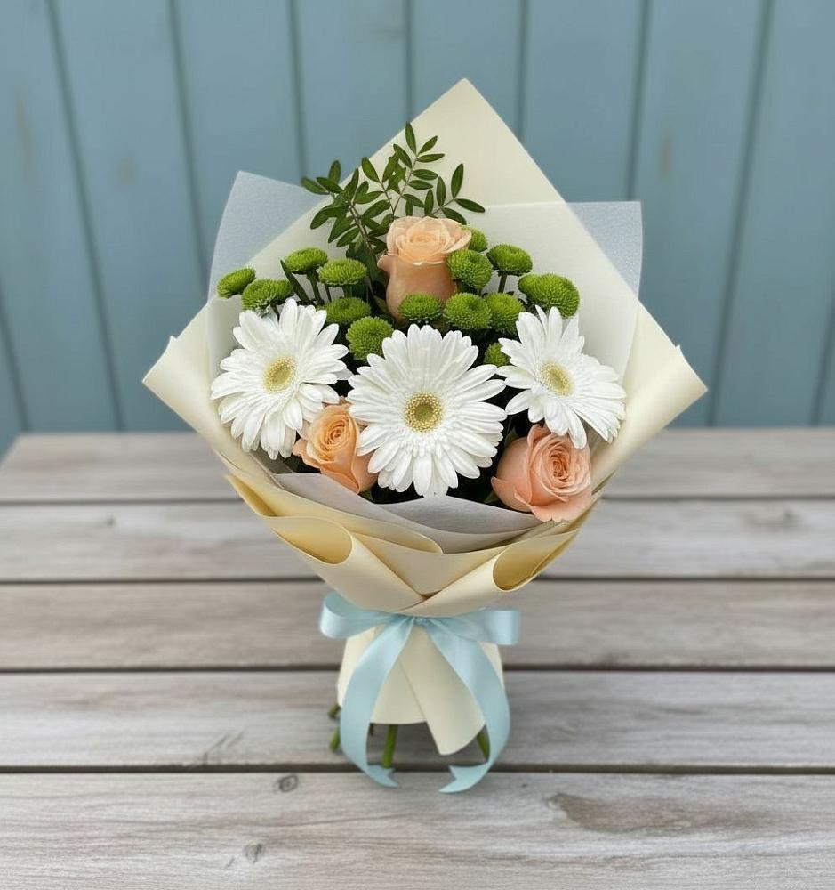 Букет цветов из: Герберы, Розы и Хризантемы в Губастово