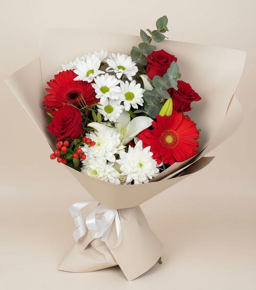 Букет цветов из: Розы, Хризантемы, Герберы и Лилии в Губастово