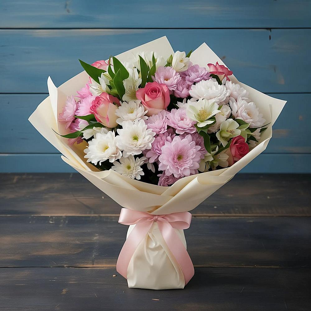 Букет цветов из: Хризантемы, Альстромерии и Розы в Губастово